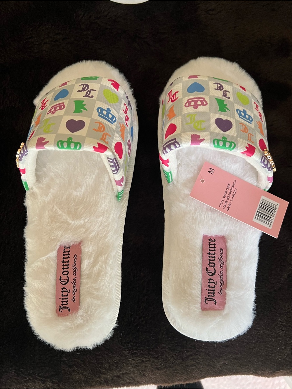 Juicy Couture M White Plush Slide Sandals with Multicolor Icons